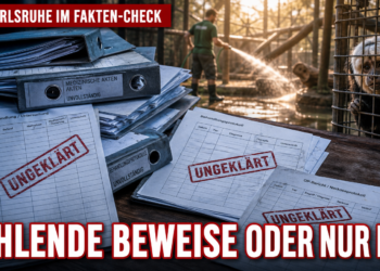 Investigative Akten zur medizinischen Dokumentation im Zoo Karlsruhe vor der Kulisse des sommerlichen Tiergeheges.