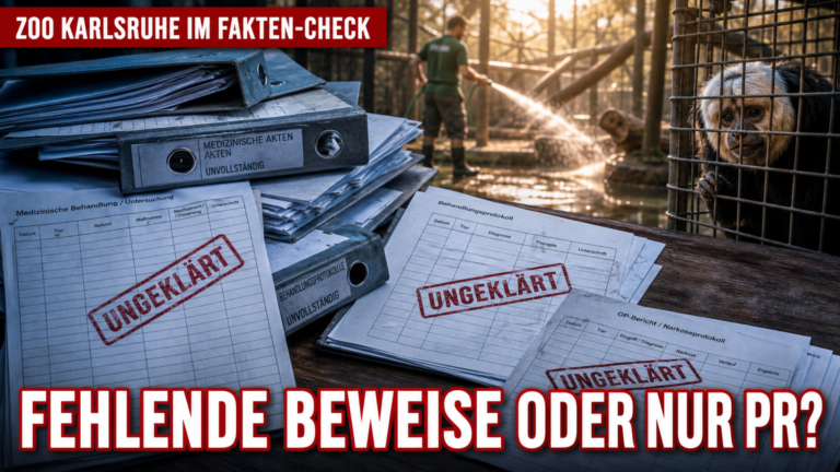 Investigative Akten zur medizinischen Dokumentation im Zoo Karlsruhe vor der Kulisse des sommerlichen Tiergeheges.
