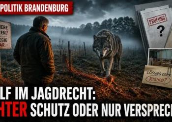 Wolfsmanagement Brandenburg: Viel angekündigt, entscheidende Regeln fehlen noch 15 Wolfsmanagement Brandenburg: Ein bedrohlich wirkender Wolf steht einem Weidetierhalter gegenüber, während Akten und Jagdrecht offene Fragen zeigen.
