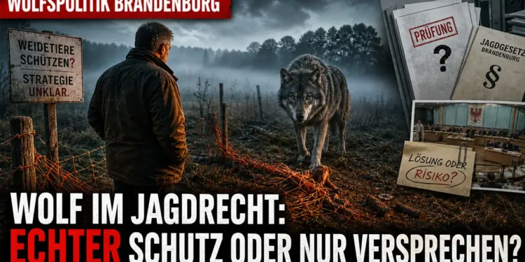 Wolfsmanagement Brandenburg: Ein bedrohlich wirkender Wolf steht einem Weidetierhalter gegenüber, während Akten und Jagdrecht offene Fragen zeigen.