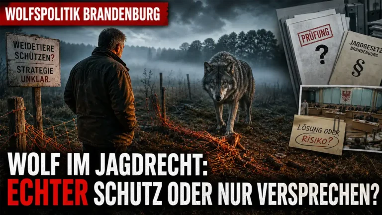 Wolfsmanagement Brandenburg: Ein bedrohlich wirkender Wolf steht einem Weidetierhalter gegenüber, während Akten und Jagdrecht offene Fragen zeigen.