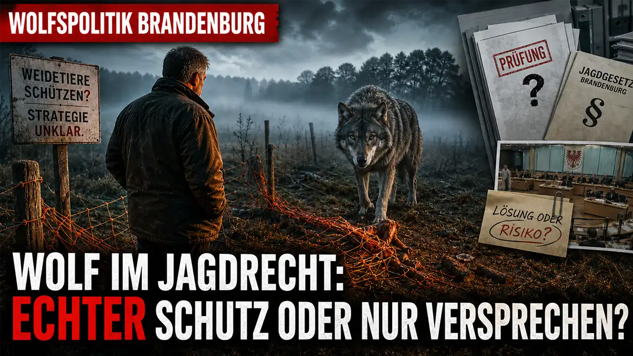 Wolfsmanagement Brandenburg: Ein bedrohlich wirkender Wolf steht einem Weidetierhalter gegenüber, während Akten und Jagdrecht offene Fragen zeigen.