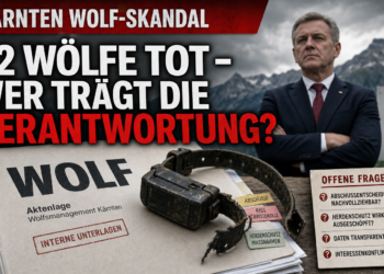 Wolfsmanagement Kärnten: Kritik an Abschüssen von Jungtieren und Forderung nach systematischem Herdenschutz 12 Ein GPS-Senderhalsband auf einer Akte zum Wolfsmanagement Kärnten vor einem Politiker im Hintergrund.