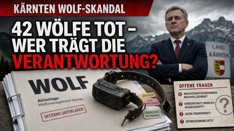 Ein GPS-Senderhalsband auf einer Akte zum Wolfsmanagement Kärnten vor einem Politiker im Hintergrund.