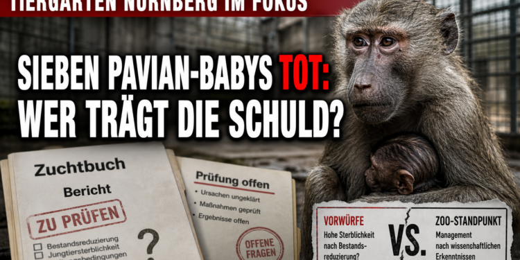 Tiergarten Nürnberg Paviane: Sieben tote Pavianbabys nach Bestandsreduktion – Ursachen weiter unklar 11 Tiergarten Nürnberg Paviane: Eine besorgte Pavianmutter im Tiergarten Nürnberg vor Dokumenten zur Zuchtbuch-Analyse.