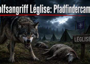 Ein bedrohlicher Wolf im Wald als Symbol für den Wolfsangriff Léglise, der die Sicherheit der Pfadfinderlager gefährdet.