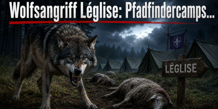 Ein bedrohlicher Wolf im Wald als Symbol für den Wolfsangriff Léglise, der die Sicherheit der Pfadfinderlager gefährdet.