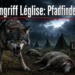 Ein bedrohlicher Wolf im Wald als Symbol für den Wolfsangriff Léglise, der die Sicherheit der Pfadfinderlager gefährdet.