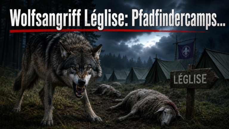 Ein bedrohlicher Wolf im Wald als Symbol für den Wolfsangriff Léglise, der die Sicherheit der Pfadfinderlager gefährdet.