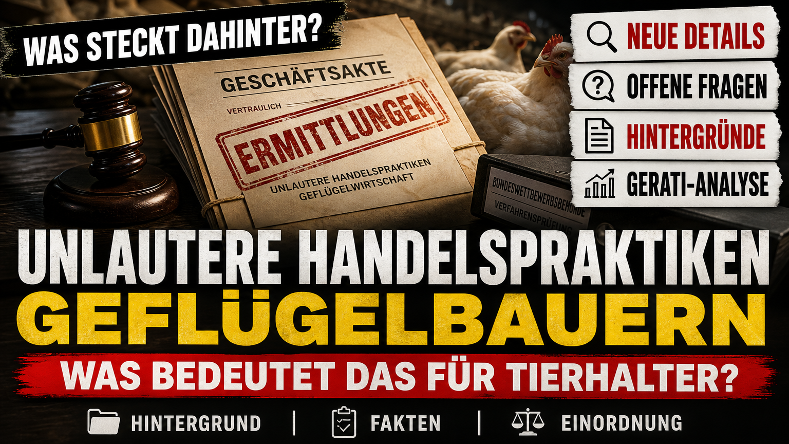 Offizielle Dokumente und ein roter Stempel symbolisieren die Ermittlungen gegen unlautere Handelspraktiken Geflügelbauern in Österreich.
