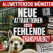 Ein investigatives Bild zum Allwetterzoo Münster Sommerferien mit Spielplatz, Tiernachwuchs und Akten zur Transparenzprüfung.