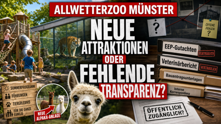 Ein investigatives Bild zum Allwetterzoo Münster Sommerferien mit Spielplatz, Tiernachwuchs und Akten zur Transparenzprüfung.