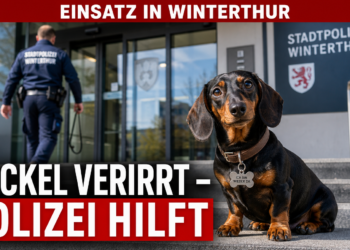 Ein entlaufener Dackel sitzt sicher vor der Wache der Stadtpolizei Winterthur nach seiner Rettung.