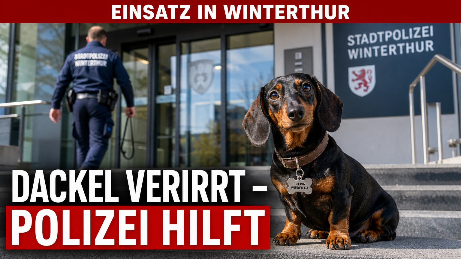 Stadtpolizei Winterthur findet Dackel in Oberwinterthur und übergibt ihn der Halterin 1 Ein entlaufener Dackel sitzt sicher vor der Wache der Stadtpolizei Winterthur nach seiner Rettung.