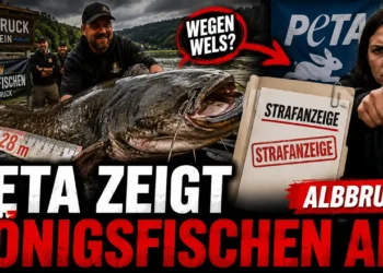 PETA zeigt Königsfischen an – doch entscheidende Belege fehlen 14 PETA Königsfischen Albbruck: Dramatisches Titelbild mit großem Wels, Anglern, PETA-Logo und Strafanzeige im GERATI-Stil.