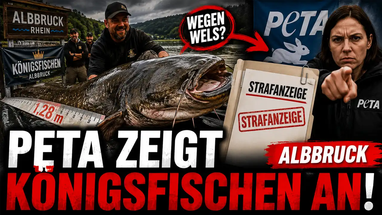 PETA zeigt Königsfischen an – doch entscheidende Belege fehlen 1 PETA Königsfischen Albbruck: Dramatisches Titelbild mit großem Wels, Anglern, PETA-Logo und Strafanzeige im GERATI-Stil.