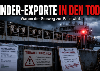 Ein großes Viehtransportschiff im Hafen bei Dämmerung, das die umstrittenen Tiertransporte von Rindern nach Algerien thematisiert.
