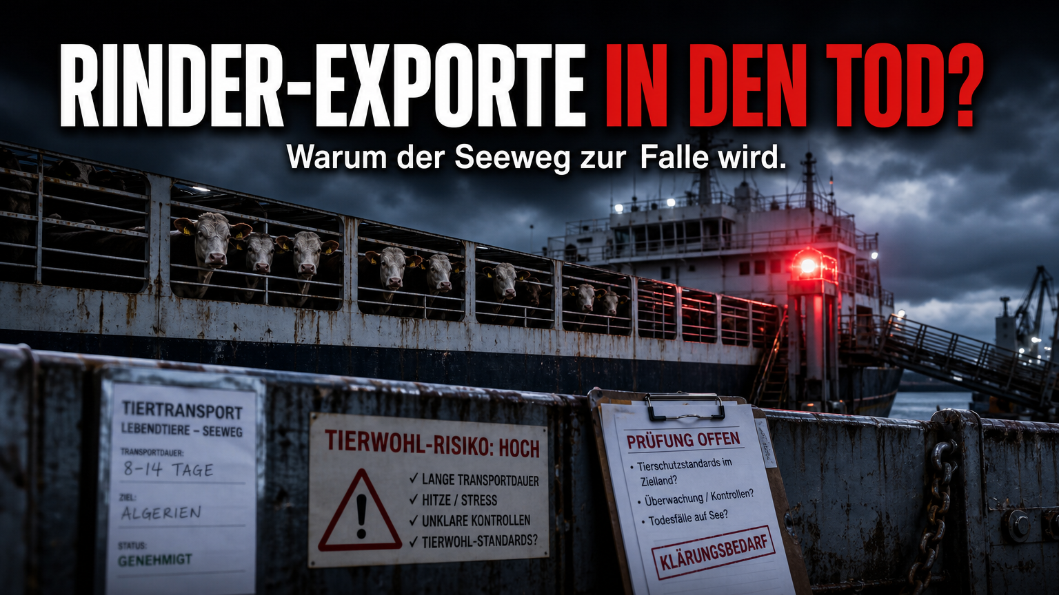 VGT dokumentiert regelmäßige Exporte hochträchtiger Kalbinnen nach Algerien 1 Ein großes Viehtransportschiff im Hafen bei Dämmerung, das die umstrittenen Tiertransporte von Rindern nach Algerien thematisiert.