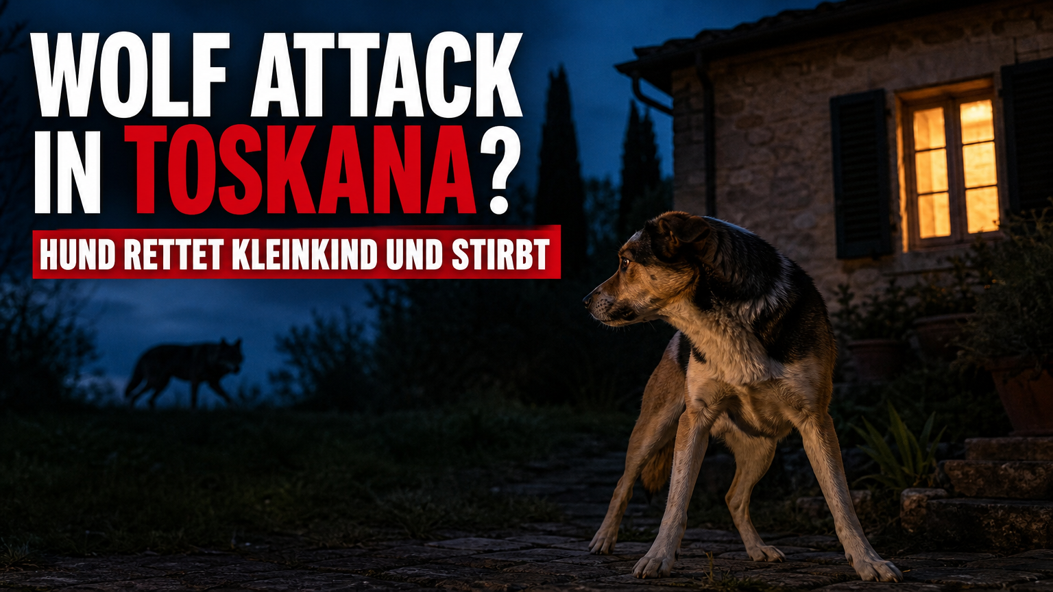 Wolfsangriff auf Familienhund: Ein mutiger Hund stellt sich schützend vor ein Kleinkind bei einem gefährlichen Wolfsangriff auf einen Familienhund in der Toskana.