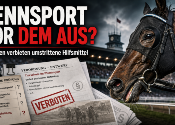 Hamburg verbietet Zungenbänder, Zugwatte und ziehbare Ohrenkapuzen auf Rennbahn Horn 17 Ein Rennpferd auf der Rennbahn Hamburg-Horn neben offiziellen Dokumenten, die das Verbot Zungenbänder Pferdesport thematisieren.