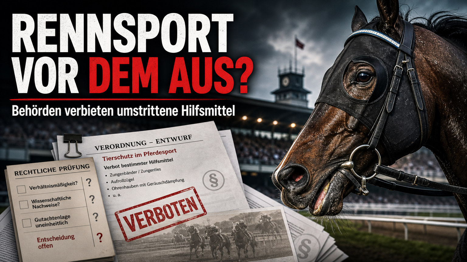Hamburg verbietet Zungenbänder, Zugwatte und ziehbare Ohrenkapuzen auf Rennbahn Horn 1 Ein Rennpferd auf der Rennbahn Hamburg-Horn neben offiziellen Dokumenten, die das Verbot Zungenbänder Pferdesport thematisieren.