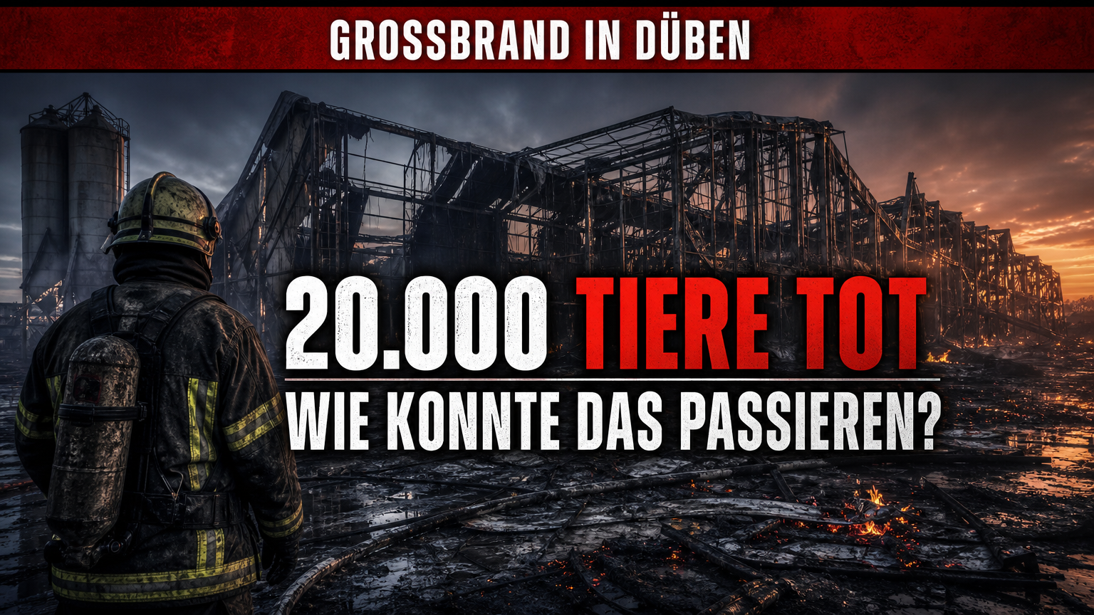 Ein Feuerwehrmann blickt auf die Ruinen der Schweinemastanlage nach dem Großbrand Düben.