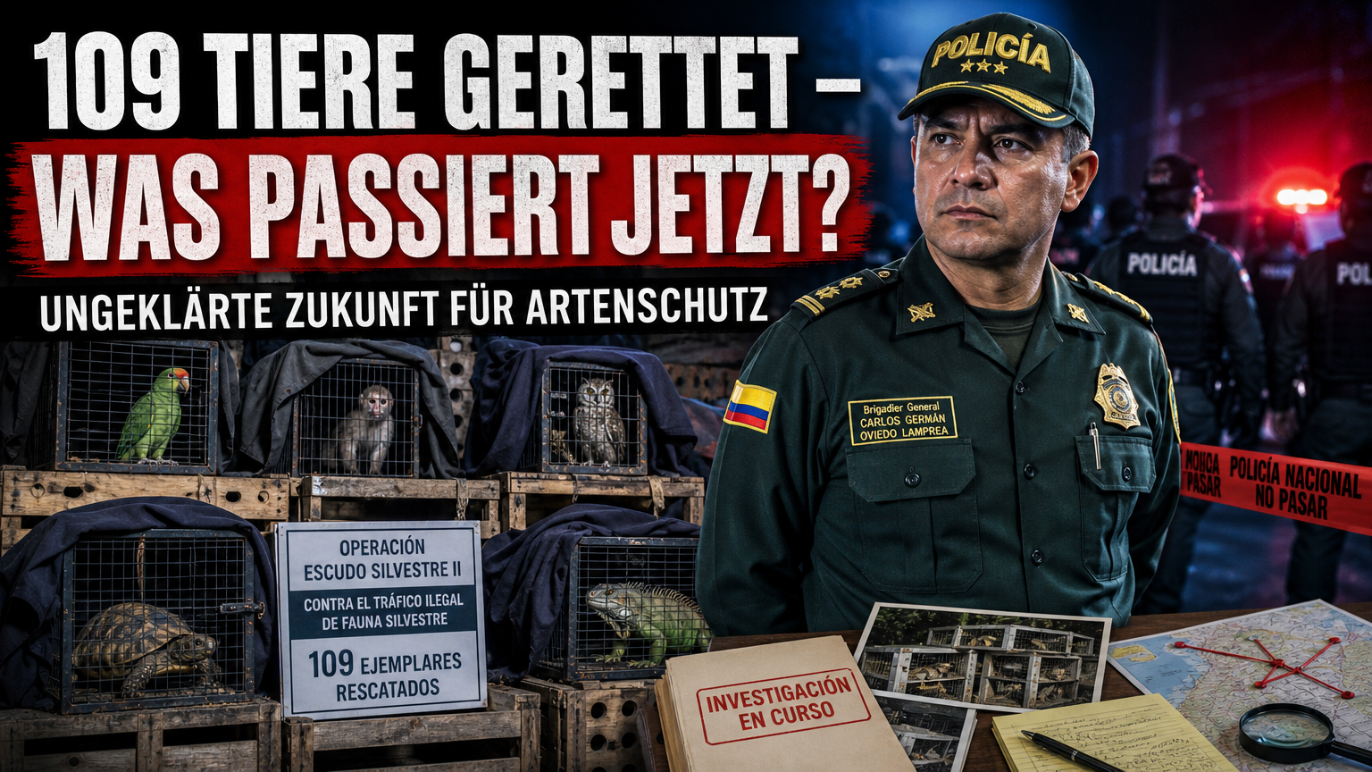 illegaler Wildtierhandel Kolumbien: Ein hochrangiger Beamter der kolumbianischen Nationalpolizei bei der Sicherstellung von beschlagnahmten Tieren während der Operation Escudo Silvestre II gegen den illegalen Wildtierhandel Kolumbien.
