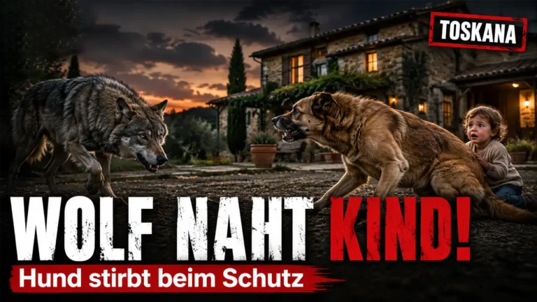 Wolfsangriff Toskana: Familienhund schützt ein Kleinkind vor einem herannahenden Wolf.