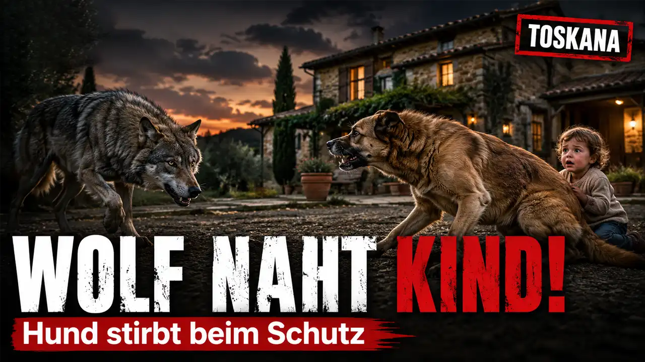 Wolfsangriff Toskana: Familienhund schützt ein Kleinkind vor einem herannahenden Wolf.