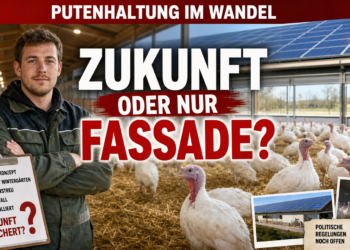 Landwirt Fabian Schwarz in einem modernen Putenstall, der für eine zukunftsorientierte Putenhaltung steht.