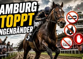 Hamburg verbietet Zungenbänder auf Rennbahn – PETA vermarktet Behördenentscheidung als eigenen Erfolg 17 Hamburg Verbot Zungenbänder auf der Rennbahn Horn mit Rennpferd, Verbotssymbolen und behördlichem Stoppsignal.
