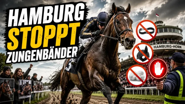Hamburg verbietet Zungenbänder auf Rennbahn – PETA vermarktet Behördenentscheidung als eigenen Erfolg 32 Hamburg Verbot Zungenbänder auf der Rennbahn Horn mit Rennpferd, Verbotssymbolen und behördlichem Stoppsignal.
