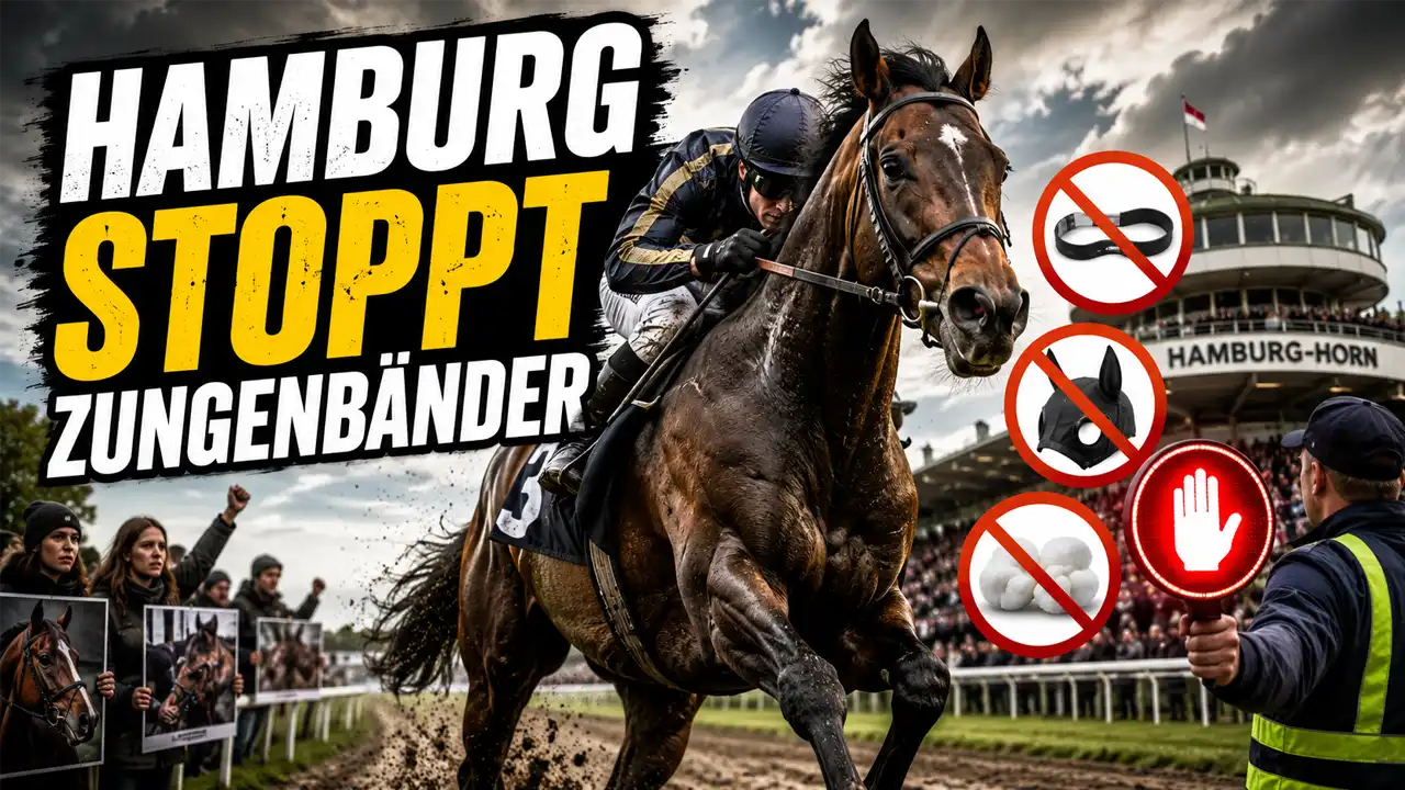 Hamburg verbietet Zungenbänder auf Rennbahn – PETA vermarktet Behördenentscheidung als eigenen Erfolg 1 Hamburg Verbot Zungenbänder auf der Rennbahn Horn mit Rennpferd, Verbotssymbolen und behördlichem Stoppsignal.
