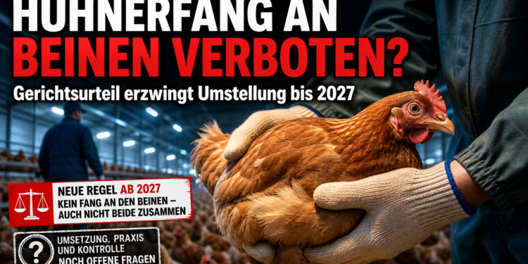 Ein Mitarbeiter demonstriert die korrekte Handhabung eines Huhns, um das Hühner an den Beinen hochheben zu vermeiden.