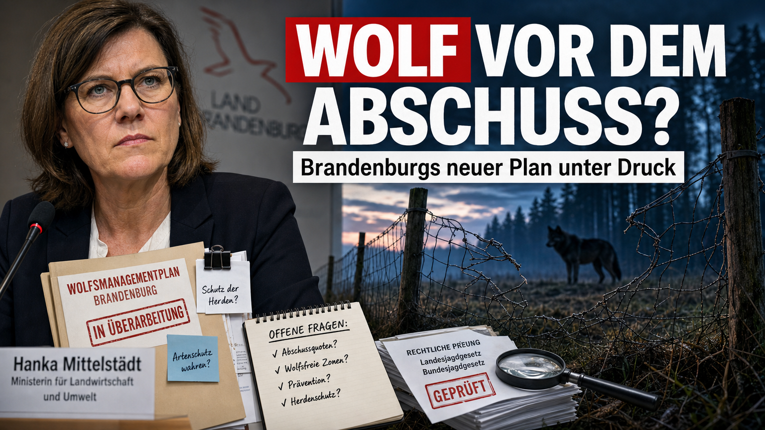 Agrarministerin Hanka Mittelstädt und ein Wolf im Kontext der Debatte um den neuen Wolfsmanagementplan Brandenburg.