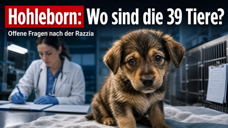 Ein geretteter Welpe blickt hoffnungsvoll in die Kamera nach dem Tierschutzskandal Hohleborn.