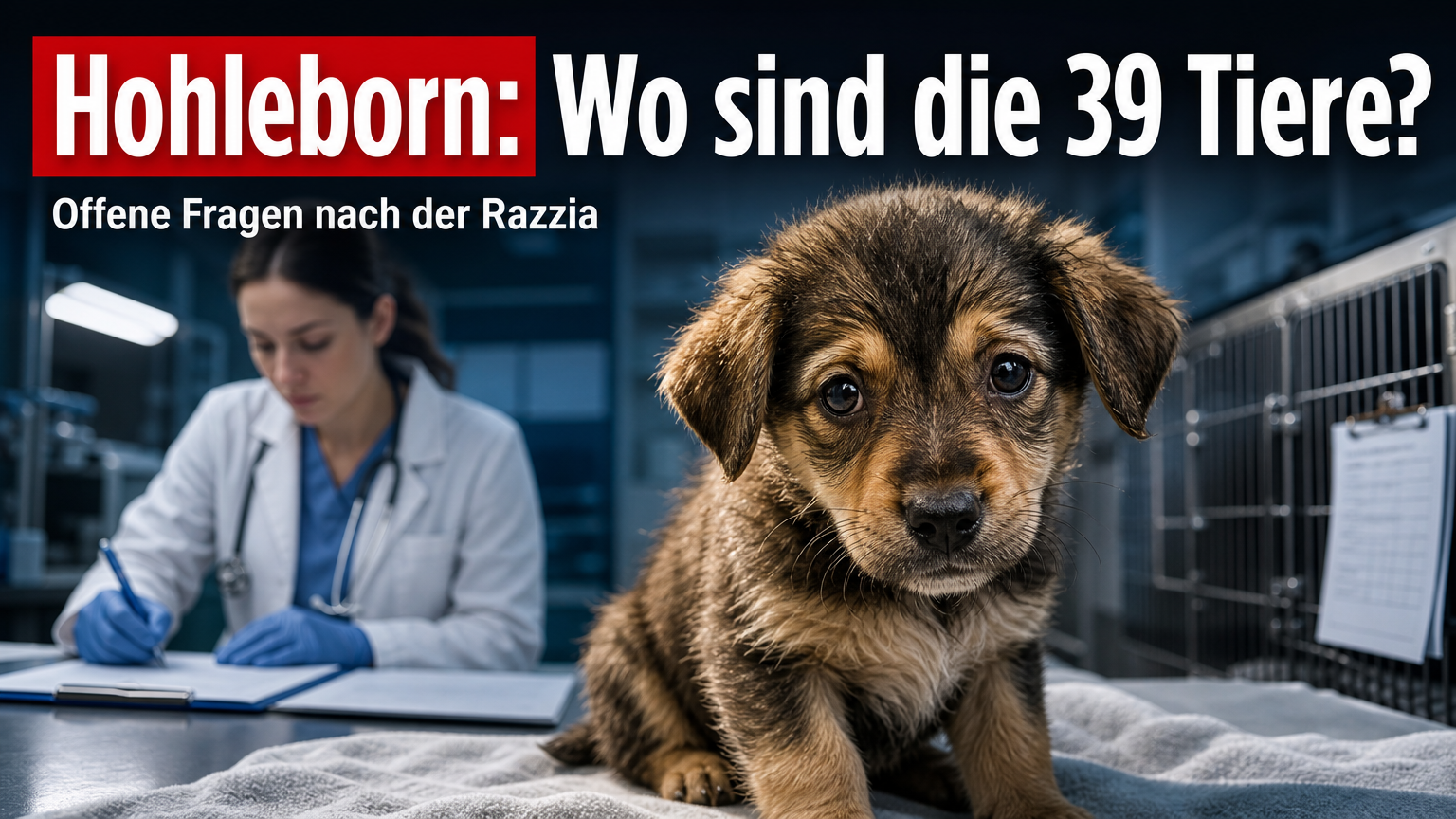 Ein geretteter Welpe blickt hoffnungsvoll in die Kamera nach dem Tierschutzskandal Hohleborn.