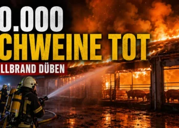 Großbrand Schweinemastanlage Düben: Brennender Schweinestall bei Nacht, Feuerwehrleute löschen das Feuer, während Schweine im Stall zu sehen sind.