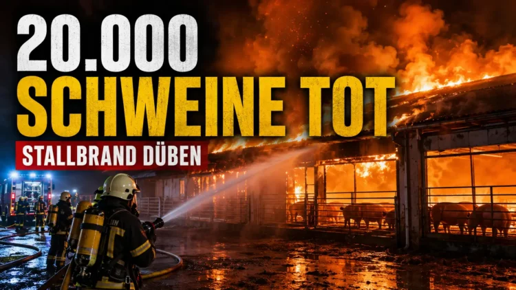 Großbrand Schweinemastanlage Düben: Brennender Schweinestall bei Nacht, Feuerwehrleute löschen das Feuer, während Schweine im Stall zu sehen sind.