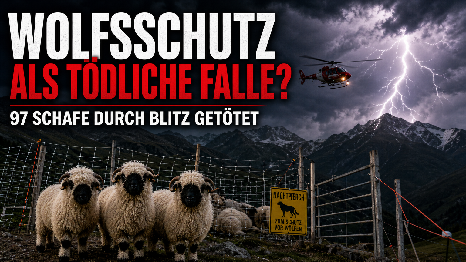 Schwarznasenschafe Wallis Blitzschlag: Ein dramatischer Blitzschlag über einem Nachtpferch mit Schwarznasenschafen im Wallis nach dem Unglück auf der Alp Eggerhorn.