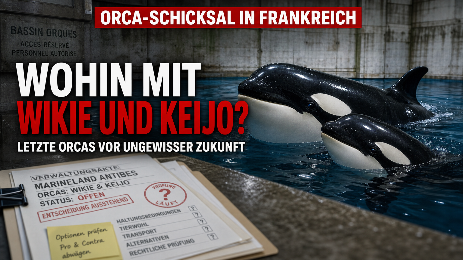 Die Orcas Wikie und Keijo in einem Betonbecken als Symbol für die Debatte um Orcas in Gefangenschaft.