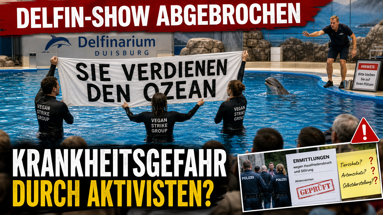 Delfin-Show Zoo Duisburg: Aktivisten der Vegan Strike Group unterbrechen die Delfin-Show im Zoo Duisburg durch das Betreten des Beckens.