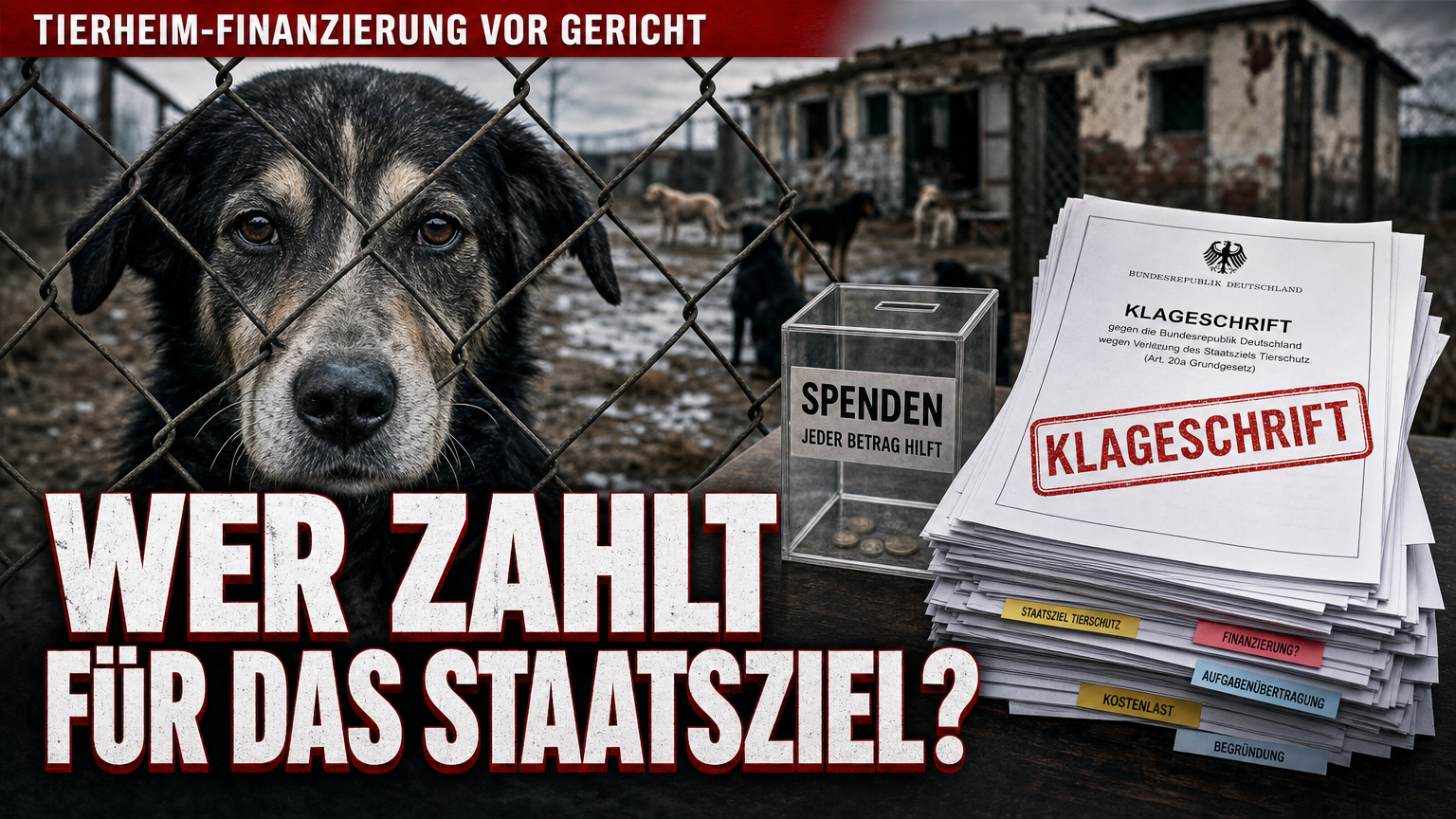 Ein Hund blickt durch einen Zaun neben einer Klageschrift zur Finanzierung von Tierheimen.