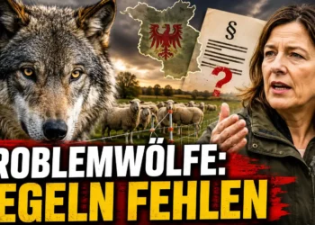 Titelbild zum Thema Wolfsmanagement Brandenburg: großer Wolf im Vordergrund, Schafe hinter Schutzzaun, Hanka Mittelstädt und Symbolgrafik für fehlende rechtliche Regeln.
