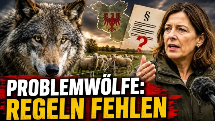 Titelbild zum Thema Wolfsmanagement Brandenburg: großer Wolf im Vordergrund, Schafe hinter Schutzzaun, Hanka Mittelstädt und Symbolgrafik für fehlende rechtliche Regeln.