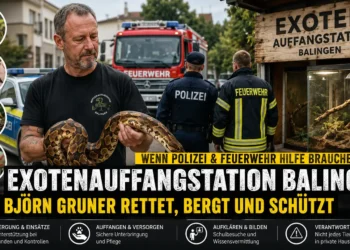 Björn Gruner hält eine Schlange vor Polizei und Feuerwehr an der Exotenauffangstation Balingen, umgeben von weiteren exotischen Tieren.