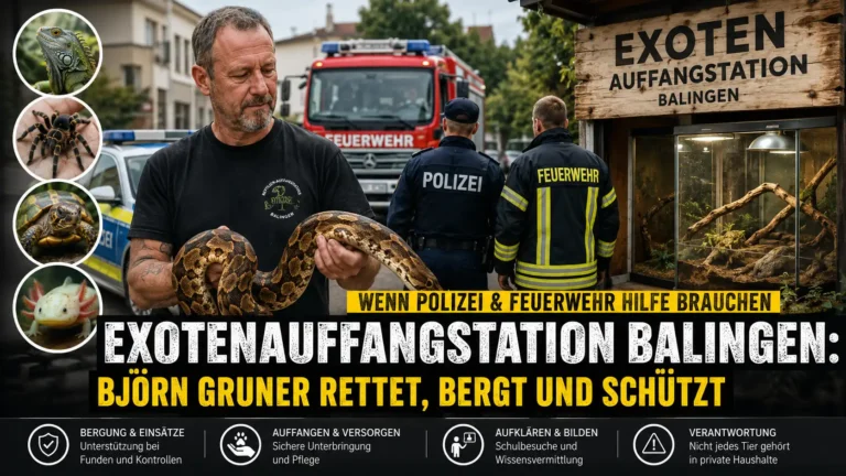 Björn Gruner hält eine Schlange vor Polizei und Feuerwehr an der Exotenauffangstation Balingen, umgeben von weiteren exotischen Tieren.