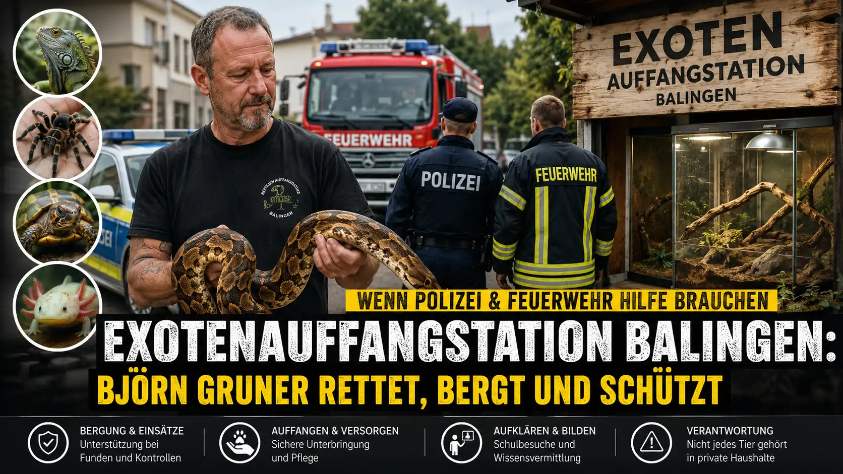 Björn Gruner hält eine Schlange vor Polizei und Feuerwehr an der Exotenauffangstation Balingen, umgeben von weiteren exotischen Tieren.