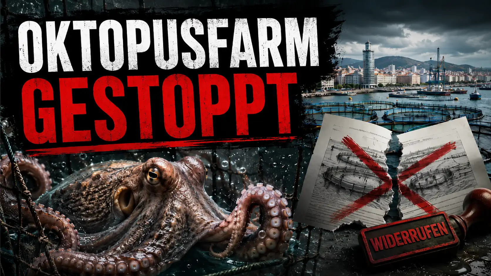 Oktopus vor einer industriellen Aquakulturanlage: Die Oktopusfarm auf Gran Canaria wurde nach Umweltauflagen und Kritik gestoppt.