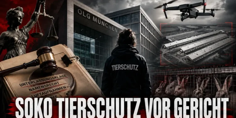 Soko Tierschutz OLG München: Titelbild mit Gericht, Drohne, Kaninchenanlage und Symbolen für den Rechtsstreit.